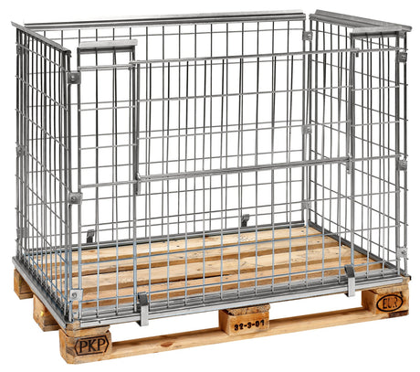 pallhantering genom en stålbur på en träpall